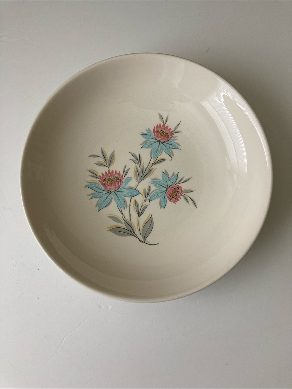 Vintage Steubenville Pottery Fairlane Pattern Round 8” Plate White Blue Flowers